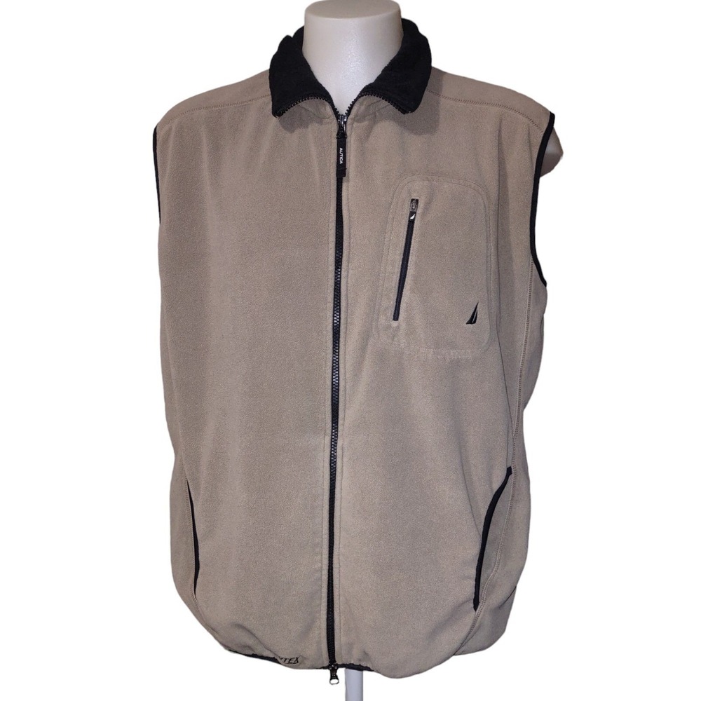 Nautica Fleece‎ Vest XL Men's Extra Large Full Zip Sleeveless Logo 3 Pockets Tan